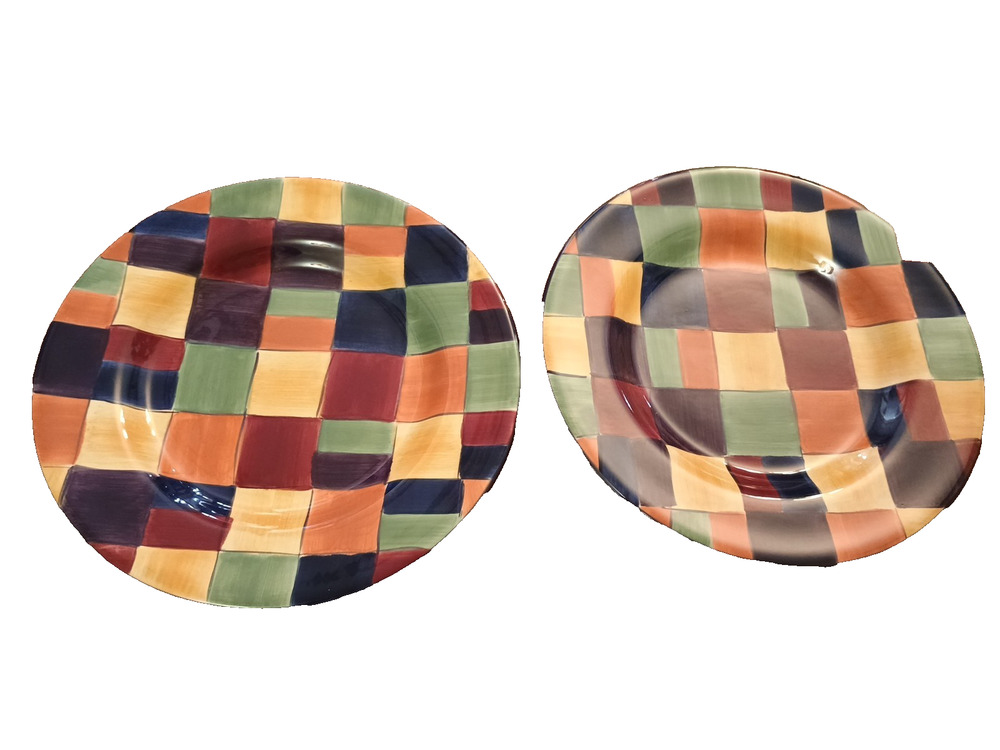 Tabletops Gallery Caracas Lot 2 Dinner Plates 11.25” Checker board Handpainted